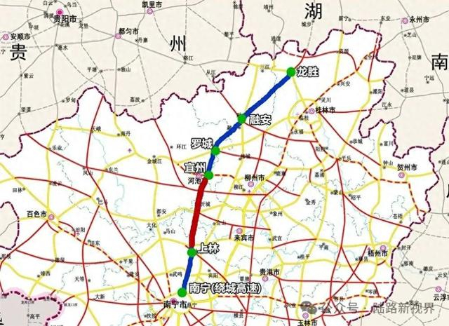 G7221衡南高速广西境内宜州至上林段路线大致示意图。图片来源于陆路新视界