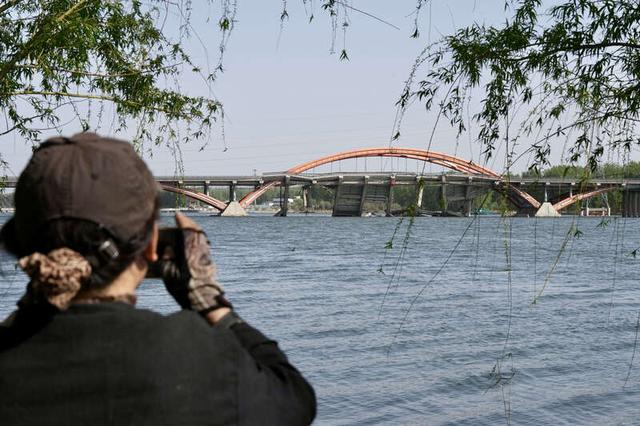 4月23日，北京市顺义区潮白河大桥部分桥体受损坍塌，一名市民在附近拍摄。中青报·中青网记者 李隽辉/摄