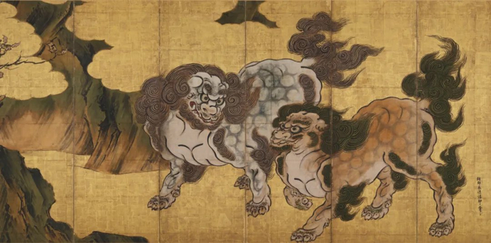 《唐狮子图屏风》（右屏），狩野永德，日本桃山时代（16世纪），三之丸尚藏馆藏，5月20日-6月15日展出