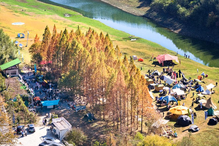 游客在安吉夏阳村的露营地里休闲游玩（2024年11月30日拍摄，无人机照片）。新华社发（潘学康摄）