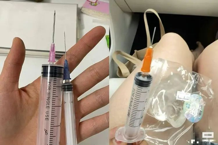 左图为刘女士在医院使用的注射器，右图为孩子的注射器玩具。图片由受访者提供