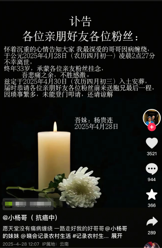手到病除 - 杨英著 突发讣告！博主“小杨哥”病逝，年仅33岁！_财经头条