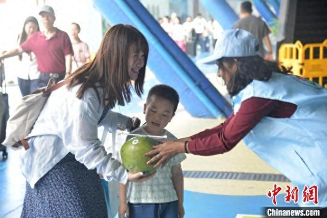 5月1日，在三亚凤凰国际机场，志愿者向游客派送椰子。张月和 摄