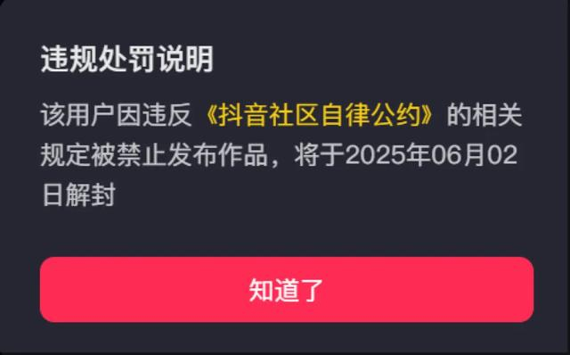 柴怼怼账号被禁止发布作品，封禁期一个月