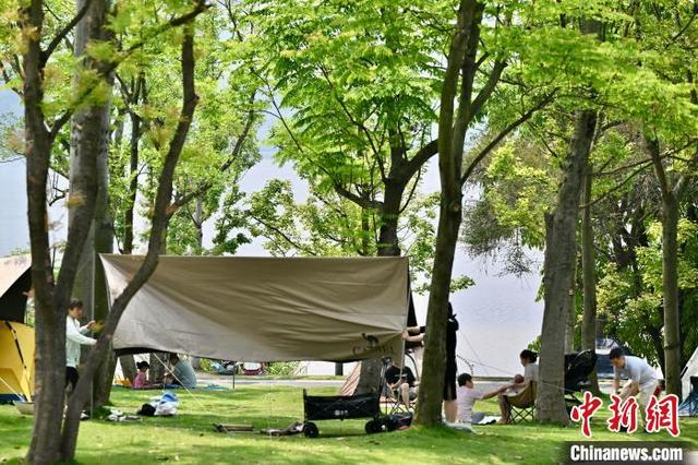 5月4日，四川成都兴隆湖人气旺，民众携带户外装备在湖畔安营扎寨，乐享“五一”露营生活。中新社记者 张浪 摄