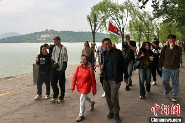 5月5日，导游带着一队外国游客在北京颐和园游览参观。中新社记者 易海菲 摄