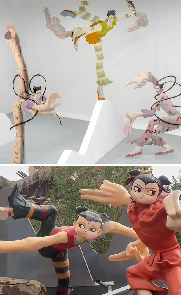 作品（上）与景区哪吒雕塑（下）对比图