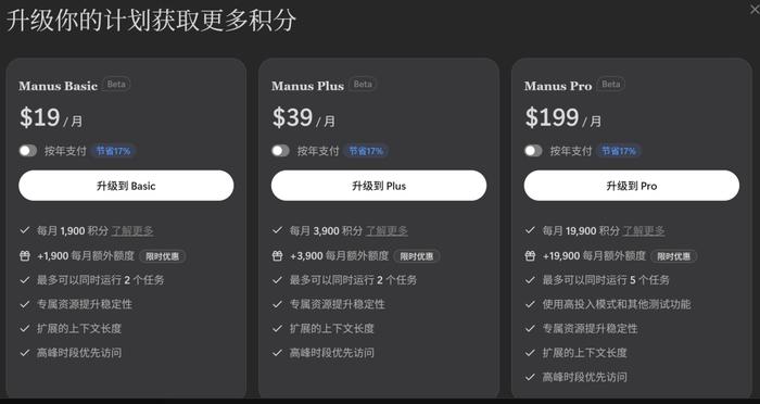 Manus收费计划。来源:Manus官网