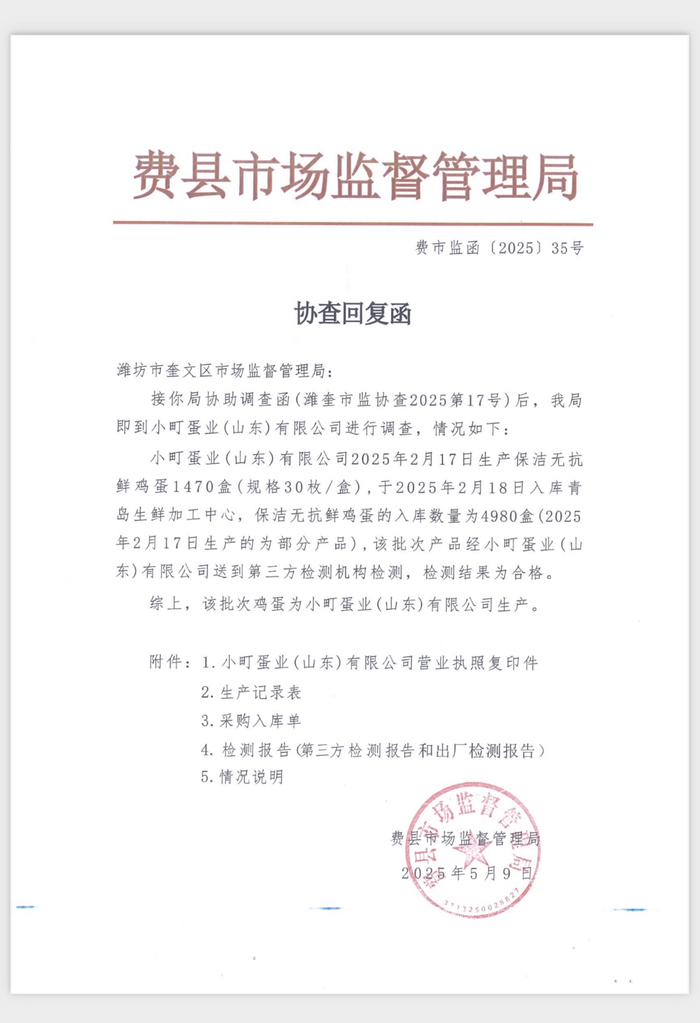 费县市场监督管理局协查回复函。 受访者供图