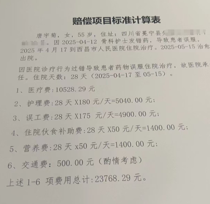 家属出示的院方赔偿计算表，其上未盖公章。受访者供图