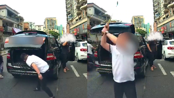 奔驰车司机在后备箱找高尔夫球杆（左），用球杆砸后车（右）。视频截图