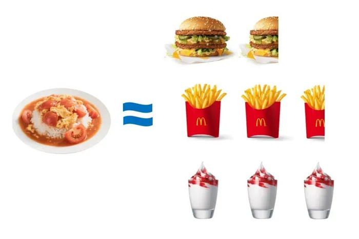 △一个巨无霸汉堡，513kcal；一份中份薯条，289kcal；一份草莓冰淇淋，245kcal。