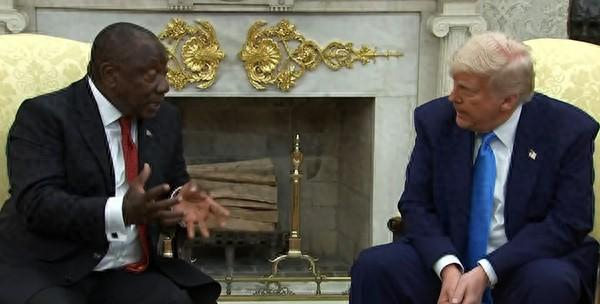 5月21日，拉马福萨当场否认了特朗普所谓“白人在南非遭种族屠杀”的指控。视频截图 