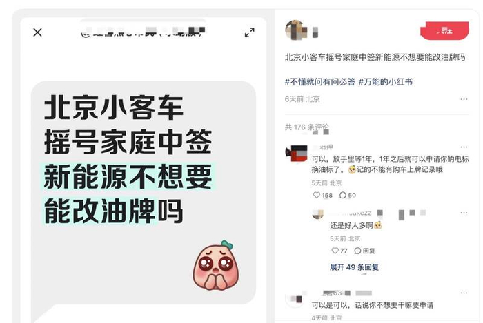有网友留言表示，新能源车指标在获得后可以放在手里“等1年”，然后就可以申请“电标换油标”。 网络截图
