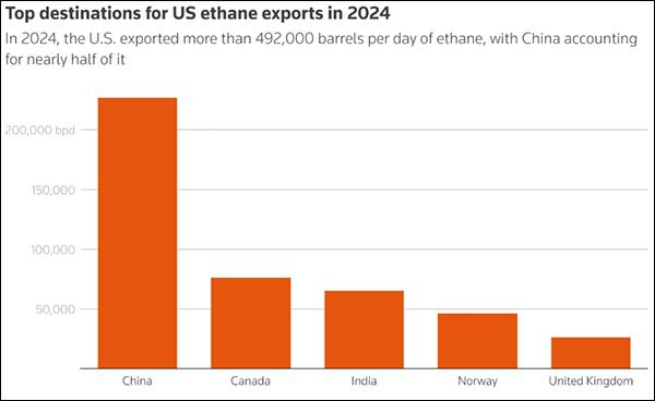 2024年美国乙烷主要出口目的地 路透社制图 