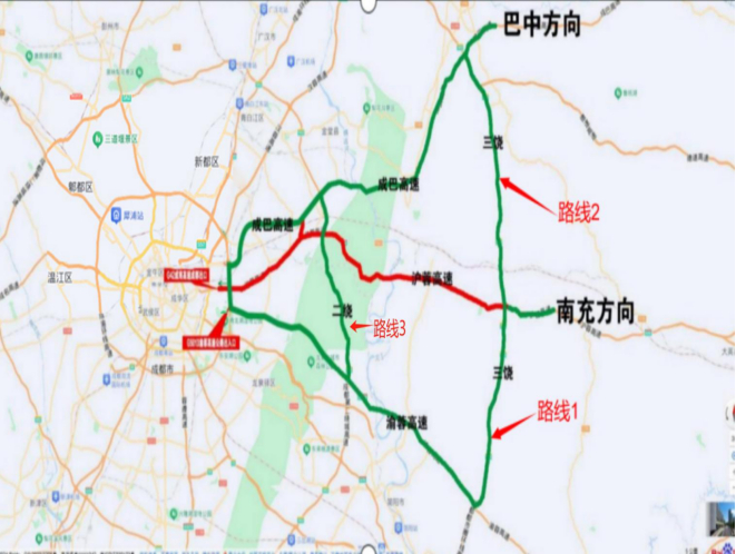 成都往返南充、巴中方向绕行示意图
