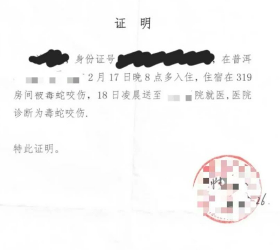 相关部门证明在房间内被毒蛇咬伤。图/受访者提供