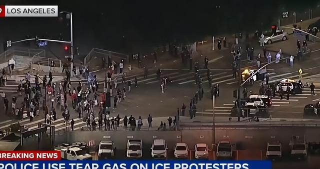 6月6日，洛杉矶，抗议者与警方在街头爆发激烈对峙 图/视频截图