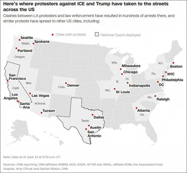 反特朗普移民政策抗议所蔓延的美国城市 美国有线电视新闻网（CNN）制图 