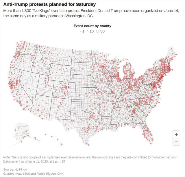 14日全美将举行“反特朗普游行”的地点 美国有线电视新闻网（CNN）制图 
