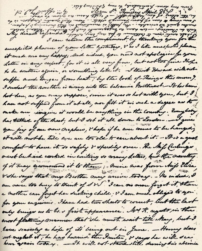 简·奥斯丁写给姐姐卡桑德拉的信件手迹