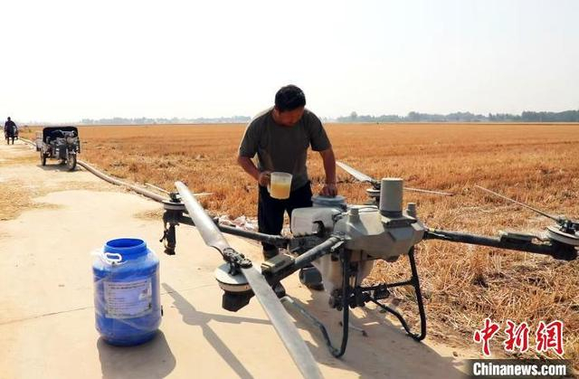 6月12日，枣强县无人机手准备喷防作业。 徐鹏璐 摄