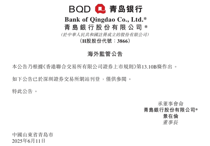 青岛银行公告截图