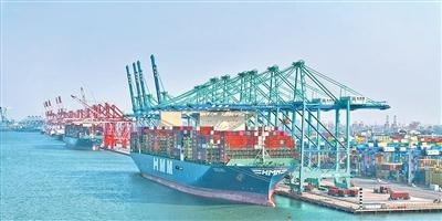 天津港北疆港区，数艘大型集装箱船舶正在进行智慧化装卸作业。夏德崧摄