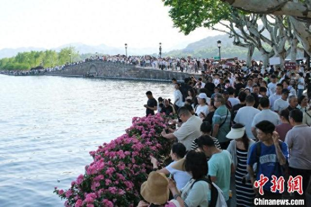 5月1日，西湖断桥畔游人如织。曹丹 摄