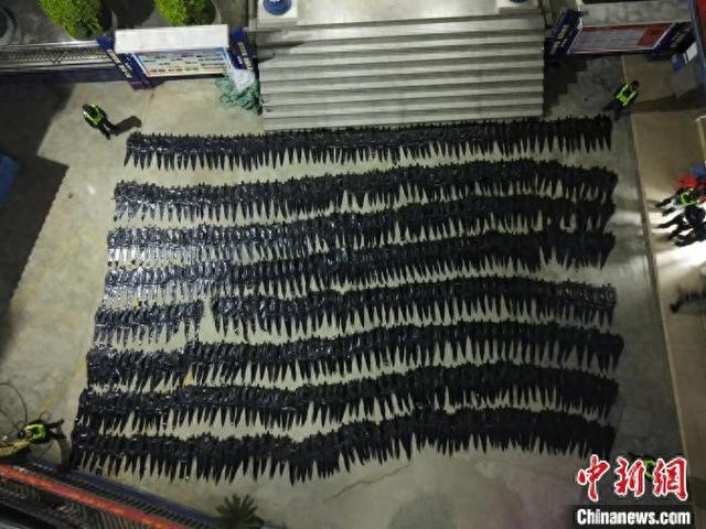 图为查获的走私鳄鱼皮摆满派出所营区。游辉 摄