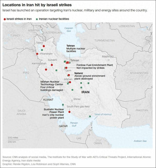 伊朗境内受到以色列空袭打击的地点 CNN制图 