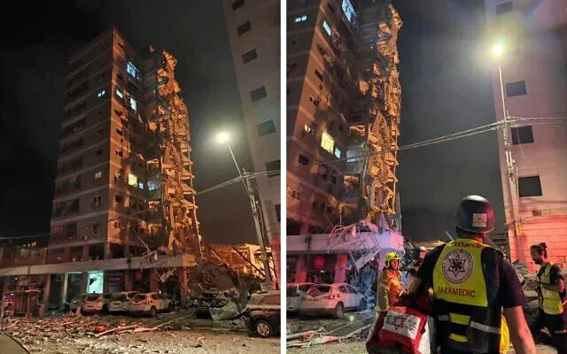 当地时间6月15日早些时候，伊朗导弹袭击后，以色列巴特亚姆一栋建筑遭到破坏。 