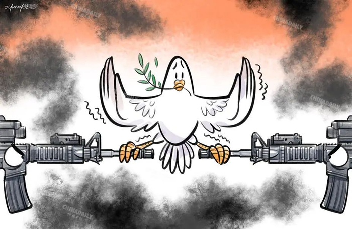 白鸽踏枪止战，硝烟仍在翻涌。（来源：中国日报 李旻《中国日报》英文 2025年6月16日8版）