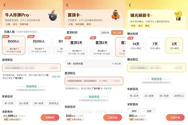 （BOSS直聘的一部分付费道具/图源：社交平台）