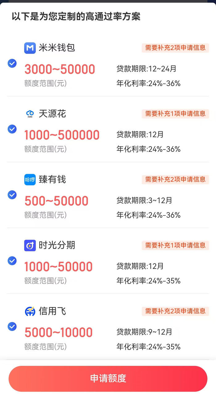 ▲贝壳财经记者通过融360平台匹配借贷方案，出现米米钱包、天源花、臻有钱、时光分期等多个借贷方案。融360App截图