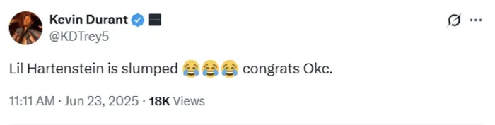 杜兰特在社交网络上祝贺了雷霆夺冠。