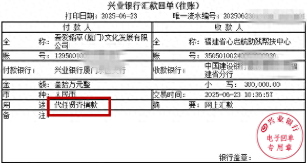 福建省心启航助残帮扶中心收到任贤齐的30万元捐款。受访者供图
