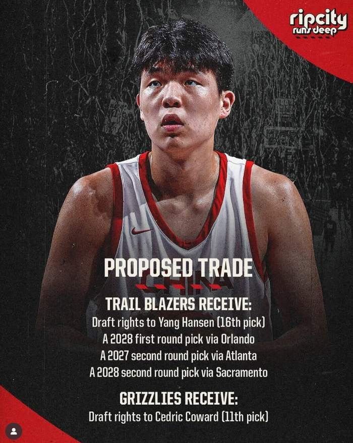 杨瀚森选秀第16顺位加盟开拓者/图片来源：开拓者队官方Instagram