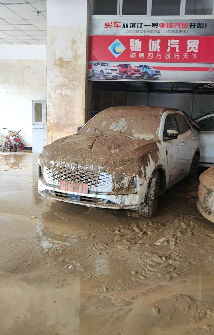 ▲胡雨店里被洪水淹过的车。 受访者供图