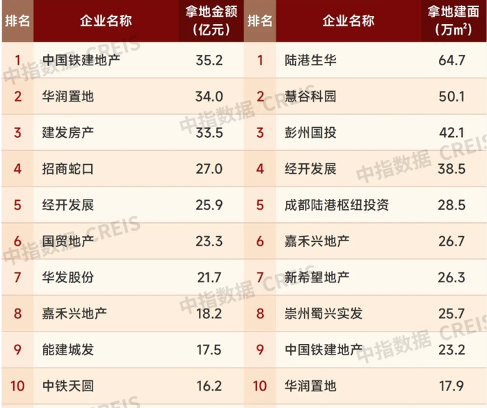 2025年上半年拿地金额TOP10（数据来源中指研究院）