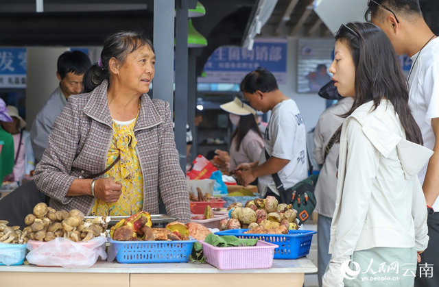 南华县野生菌交易市场，商户正向购买者介绍野生菌。人民网记者 虎遵会摄