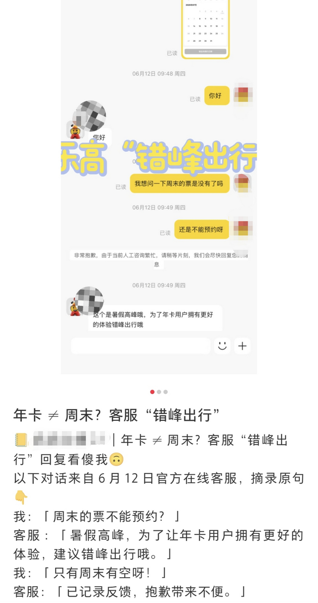 乐高乐园客服回应网友：“为了让年卡用户拥有更好的体验，建议错峰出行”（央广网发 记者截图） 