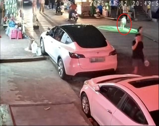 幼童独自一人站在路口门头广告投影灯产生的光影下玩耍。 监控截图