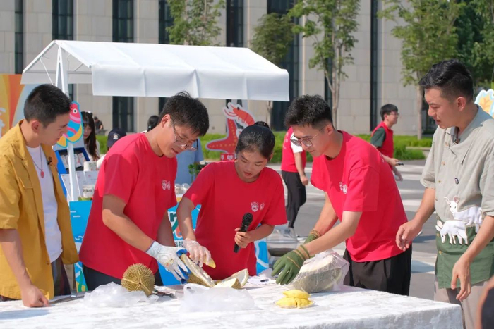 海南三亚优旗榴莲科技小院的同学们正在介绍国产树上自然成熟的榴莲。 王心悦|摄