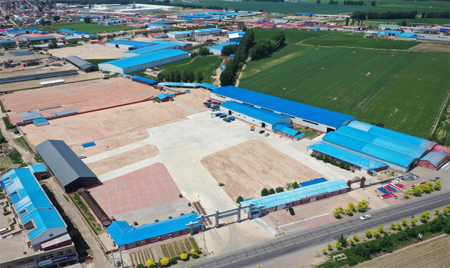 航拍麦新镇志伟惠农实业大院内小米、葵花加工厂。（资料图）