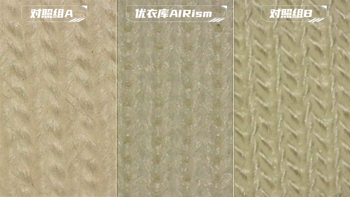 （对照组A：某国产品牌“凉皮”；实验组：AIRism空气衣；对照组B：某天然品牌打底衣）