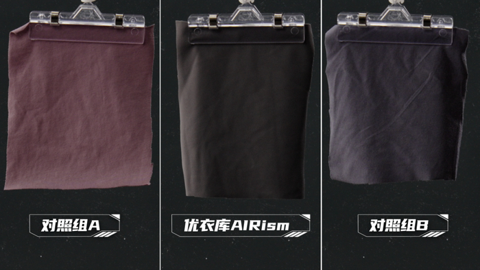 （对照组A：某国产品牌“凉皮”；实验组：AIRism空气衣；对照组B：某天然品牌打底衣）