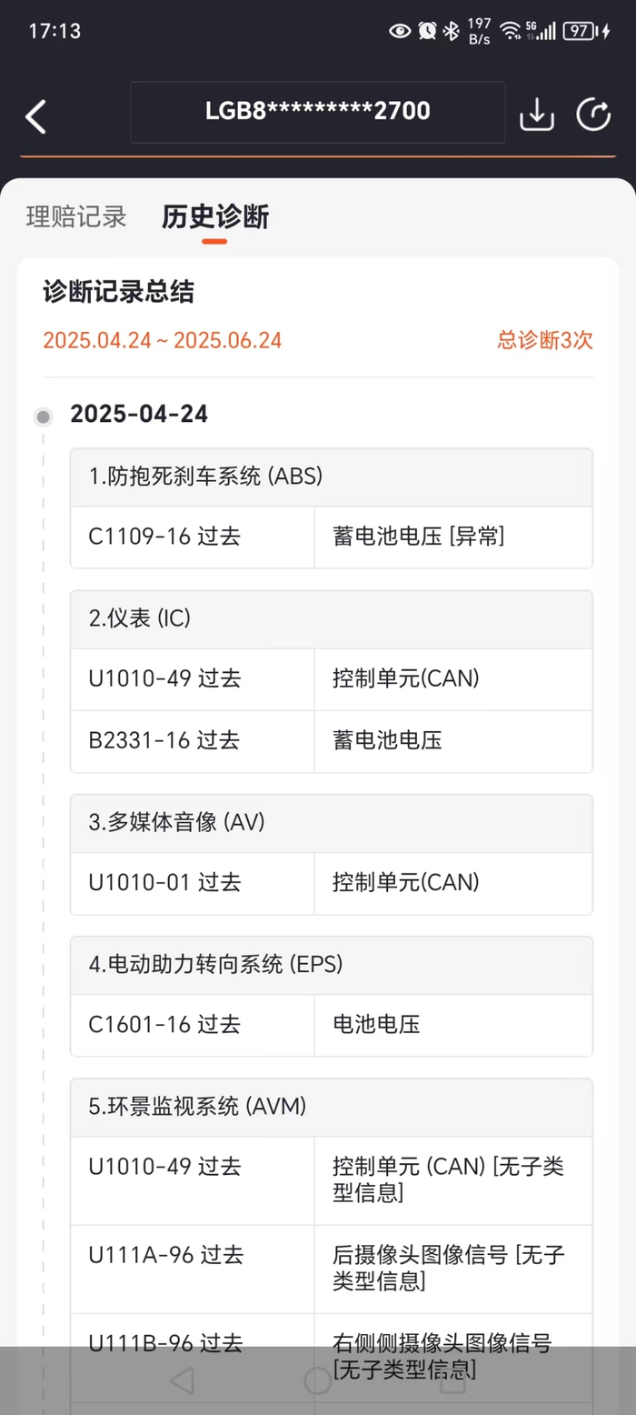 查博士app显示车辆防抱死刹车系统、仪表、多媒体音像等存在多个问题。