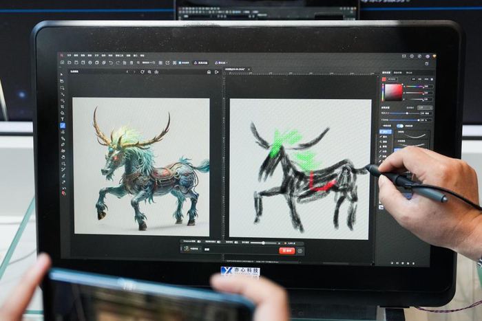 6月20日，在北京石景山区中关村科幻产业创新中心，工作人员展示悟空图像软件的AIGC功能。新华社记者郑焕松摄