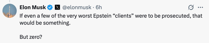 马斯克发布帖文截图 图源：社交平台X